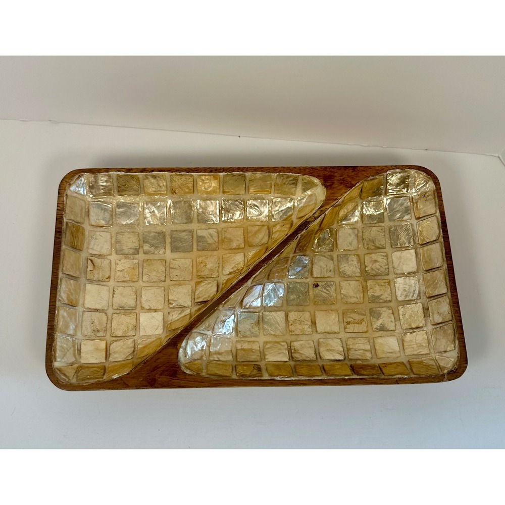 Gibson Everyday Large Acacia Wood & Mosaic Pearl Capiz Shell Boho Serving Dish